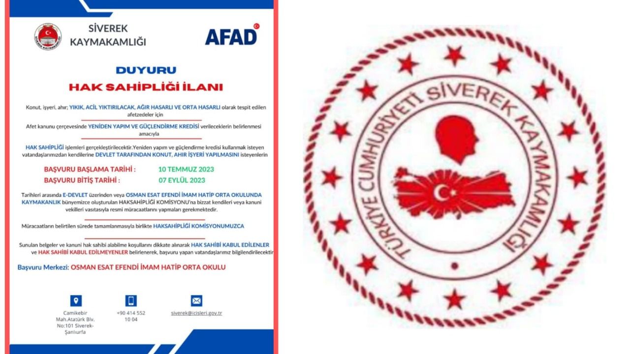 Siverek Kaymakamlığından hak sahipliği duyurusu !…