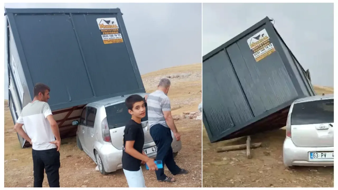 Şanlıurfa’da Şiddetli Fırtına: Konteyner Havalanarak Otomobilin Üzerine Düştü