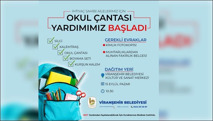 Viranşehir Belediyesi’nden Öğrencilere Çanta ve Kırtasiye Desteği